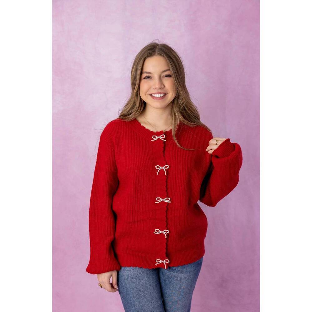 NEW MAIN STRIP pearl bow embellished cardigan in red